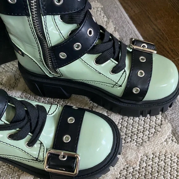 DollsKill | Current Mood Cyber Y2K Goth Grunge Buckle Green Platform Boots - Picture 4 of 10
